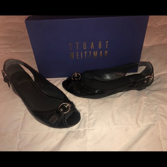Stuart Weitzman Shoes - Black Patent Peep-Toe Stuart Weitzman Flats